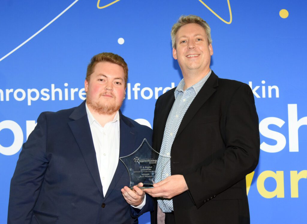 Josh Howse from the Learning Community Trust received the IT and Digital Industries award from Alex Whittles of category sponsor Purple Frog Systems