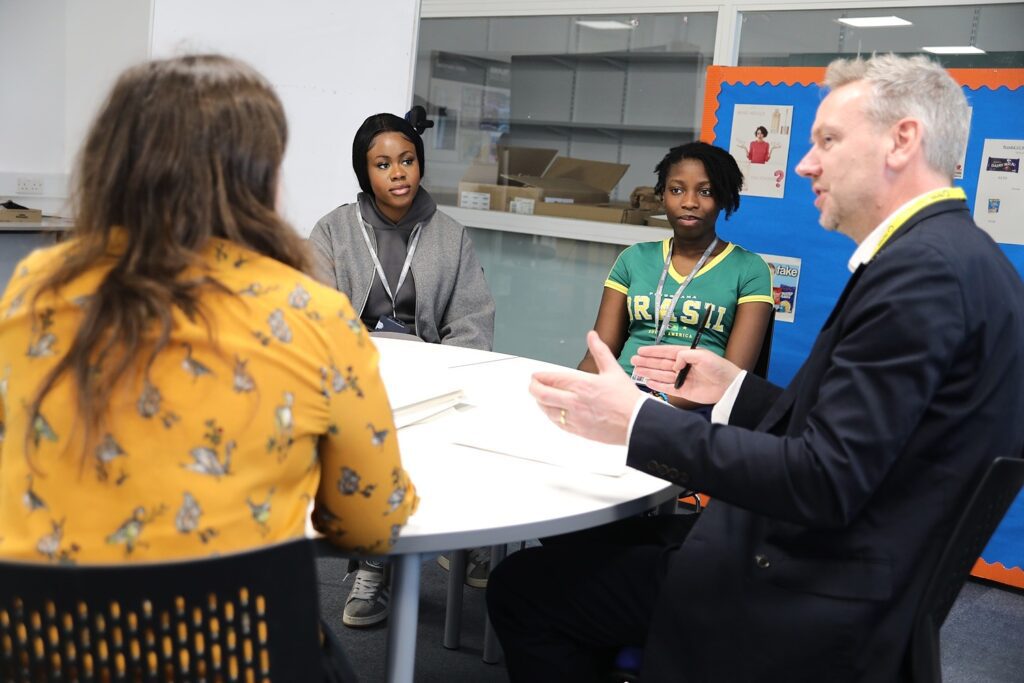 Dan Roycroft of Hadley Learning Community talking to T Level students