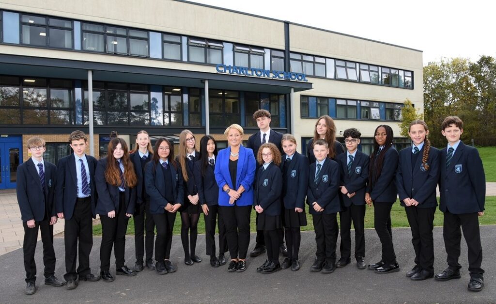 Principal Sarah Barton and students at Charlton School