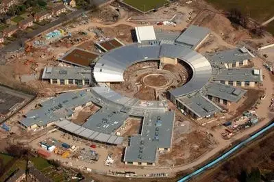 An aerial shot of the school nearing completion in April 2006